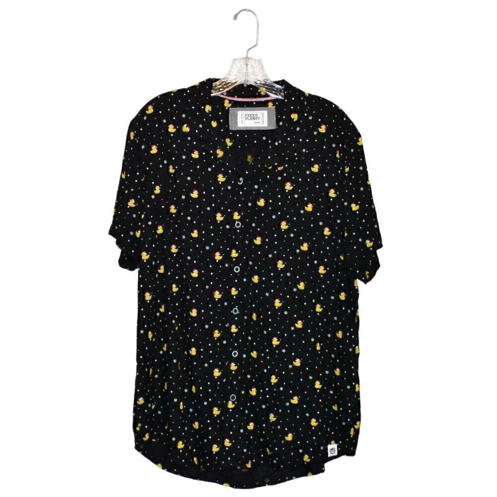 Free Planet Short Sleeve Button Down Rubber Duckie Holiday Shirt Size L